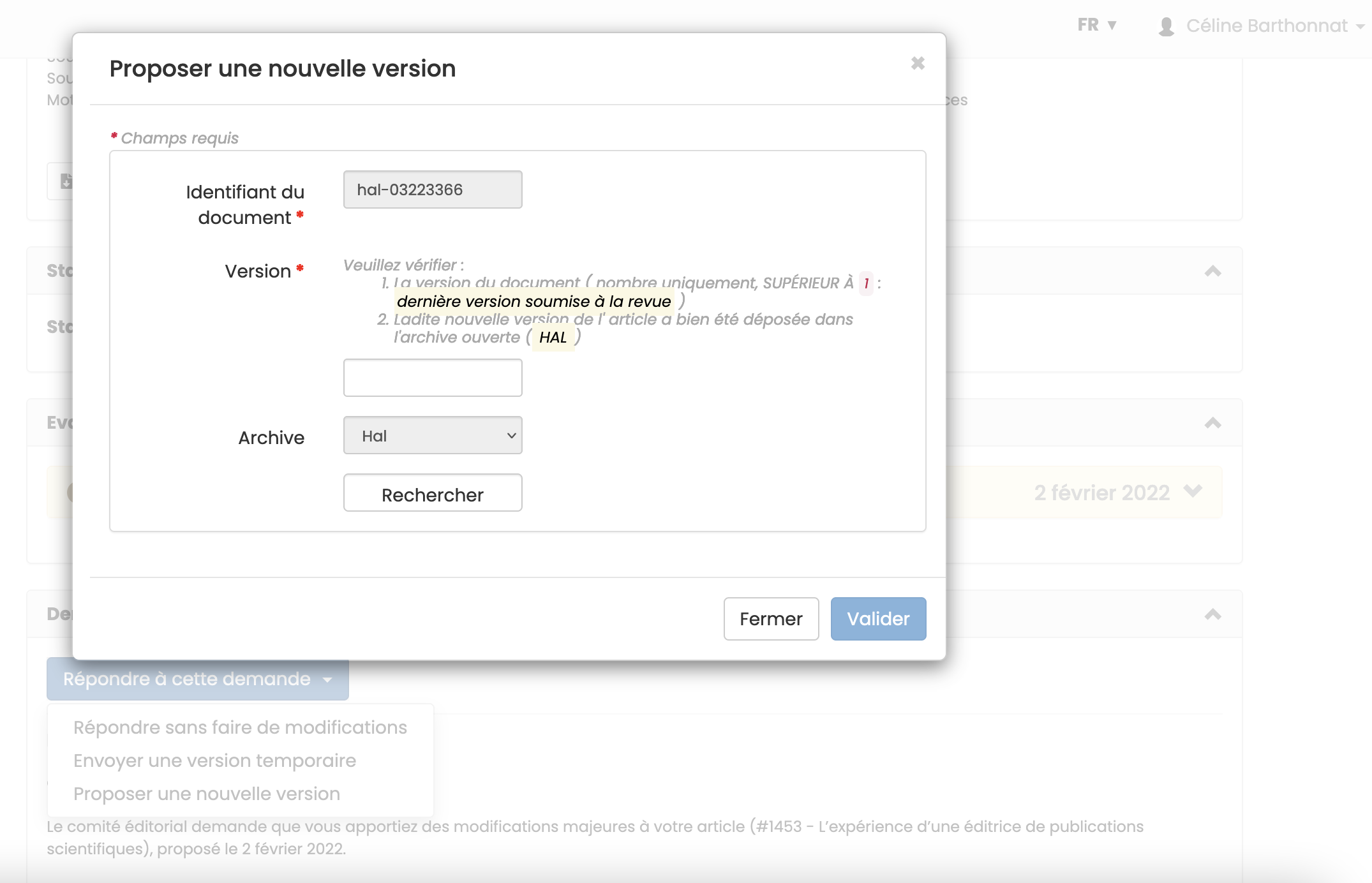 Proposer une nouvelle version : choix de la version Alt text