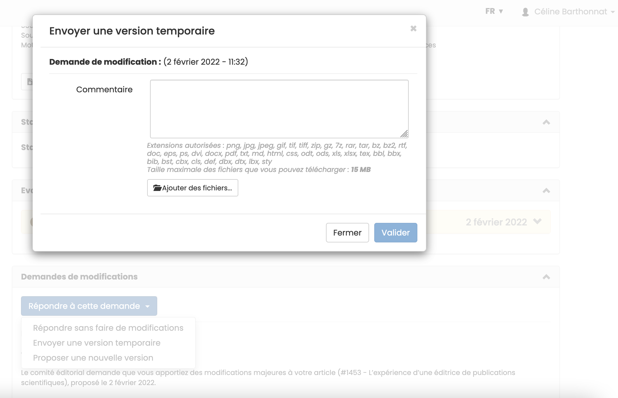 Envoyer une version temporaire : ajouter un commentaire Alt text